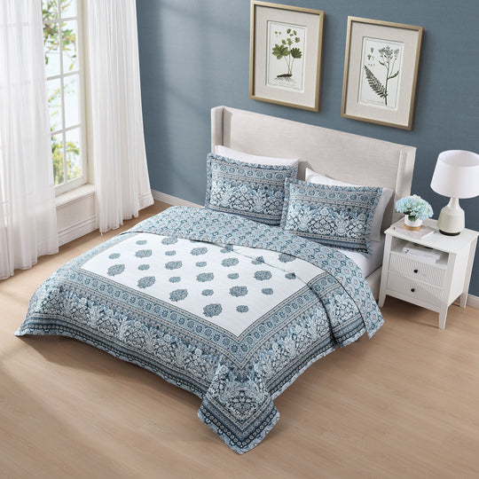 Bebejan Aquamarine Medallion 3 Piece Reversible Quilted Coverlet Set