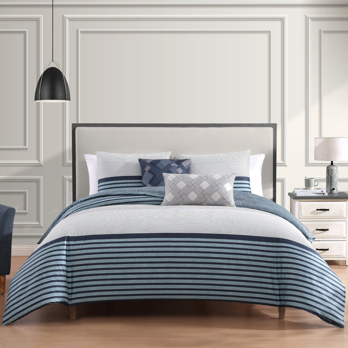Bebejan Blue Geo Lines 100% Cotton Sateen 5 Piece Reversible Comforter Set