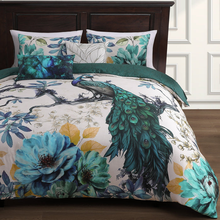 Bebejan Peacock Jardin 100% Cotton Sateen 5 Piece Reversible Comforter Set