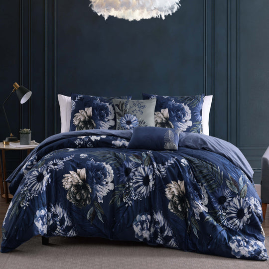 Daisy Blue 100% Cotton Sateen Designer Print 5-Piece Comforter Set