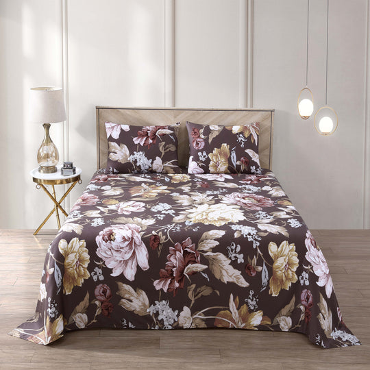 Floral Garden Mocha 100% Cotton Sateen 3 Piece Bed Sheet Set