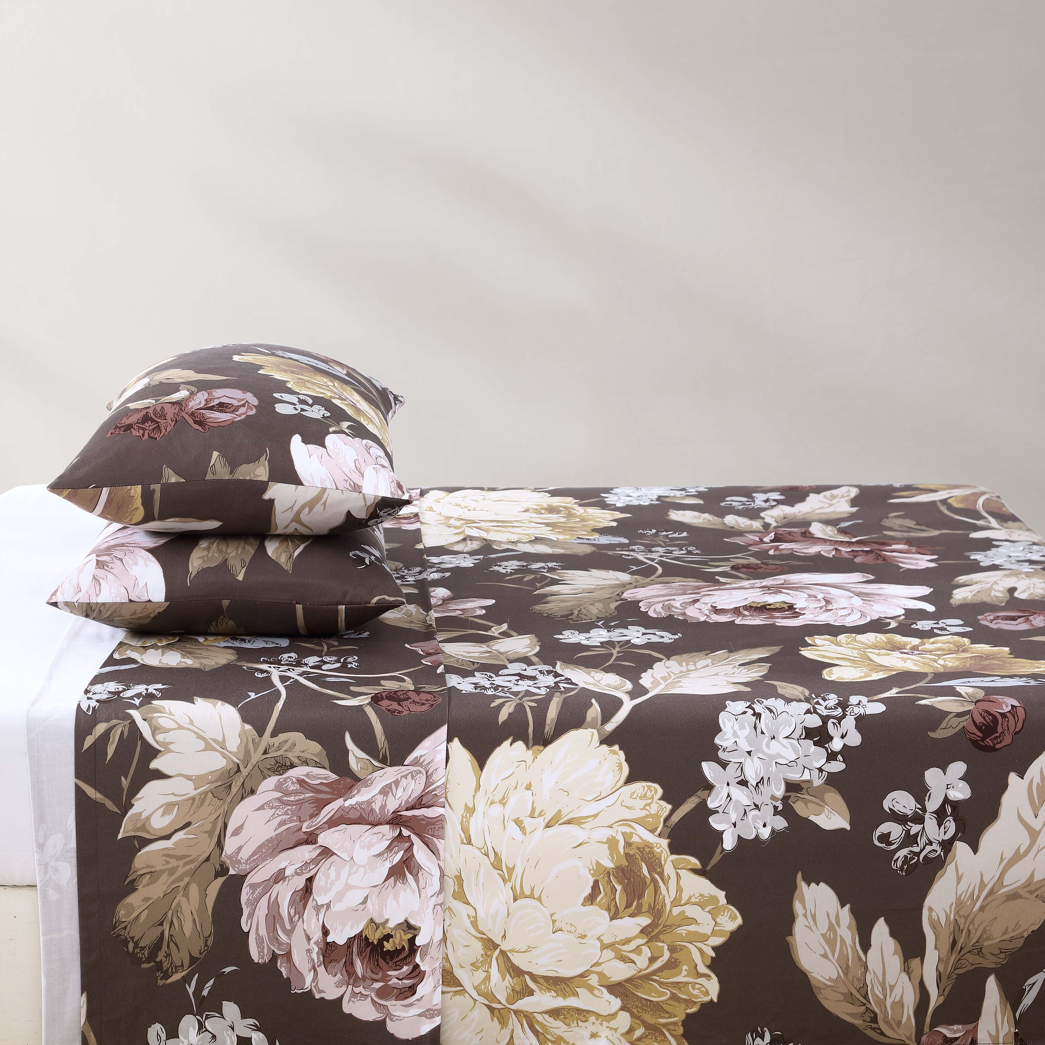Floral Garden Mocha 100% Cotton Sateen 3 Piece Bed Sheet Set