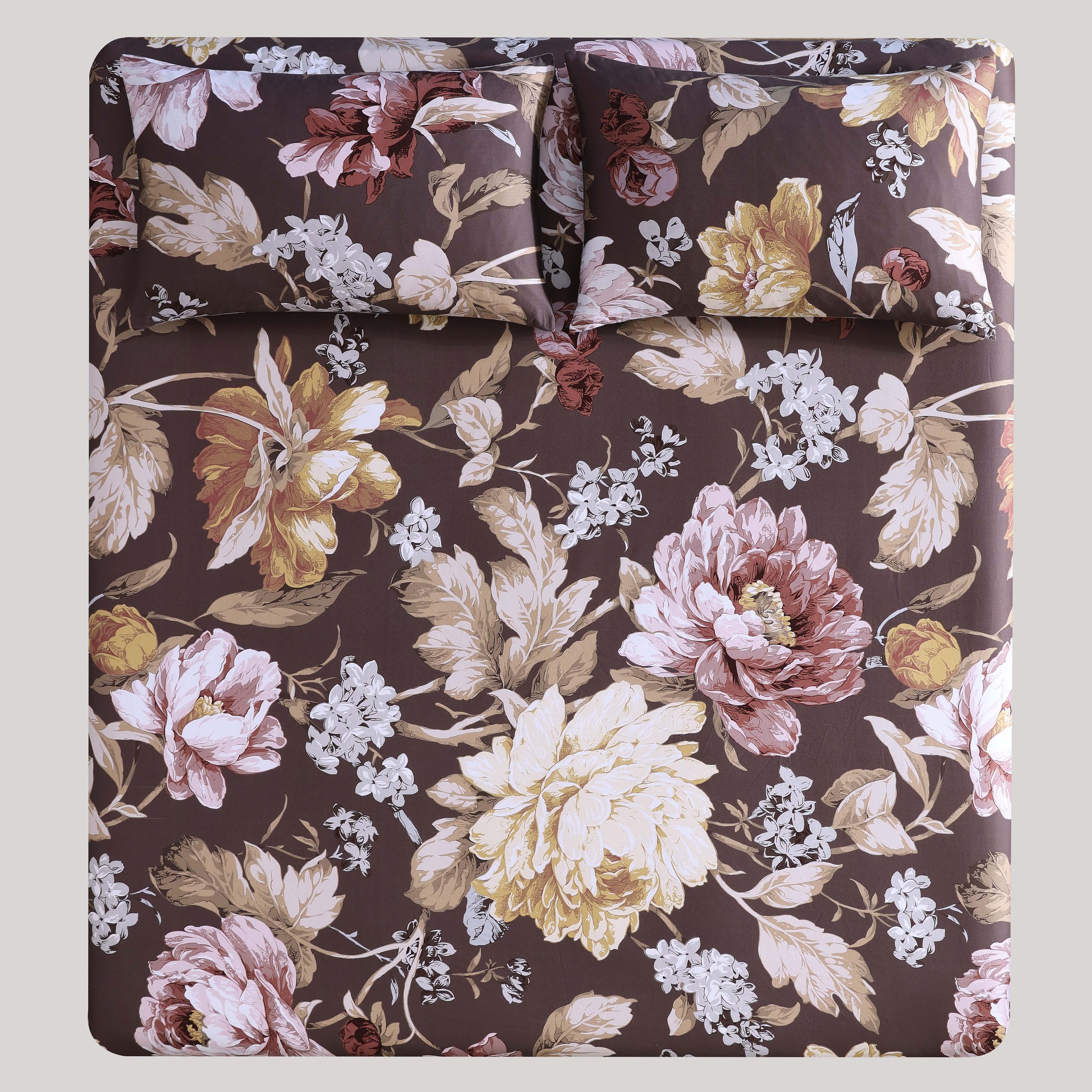 Floral Garden Mocha 100% Cotton Sateen 3 Piece Bed Sheet Set