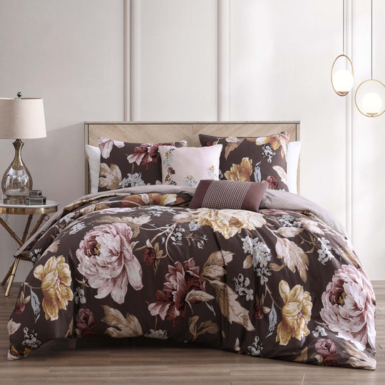 Floral Garden Mocha 100% Cotton Sateen Designer Print 5-Piece Comforter Set