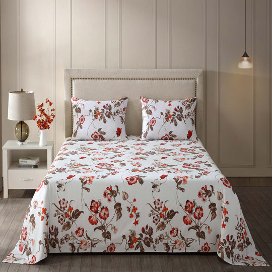 Red Floral Vine 100% Cotton Sateen 3 Piece Bed Sheet Set