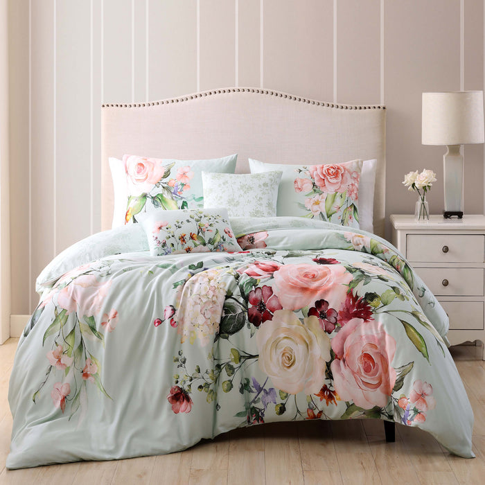 Rose on Misty Green 100% Cotton Designer Print 5-Piece Comforter Set