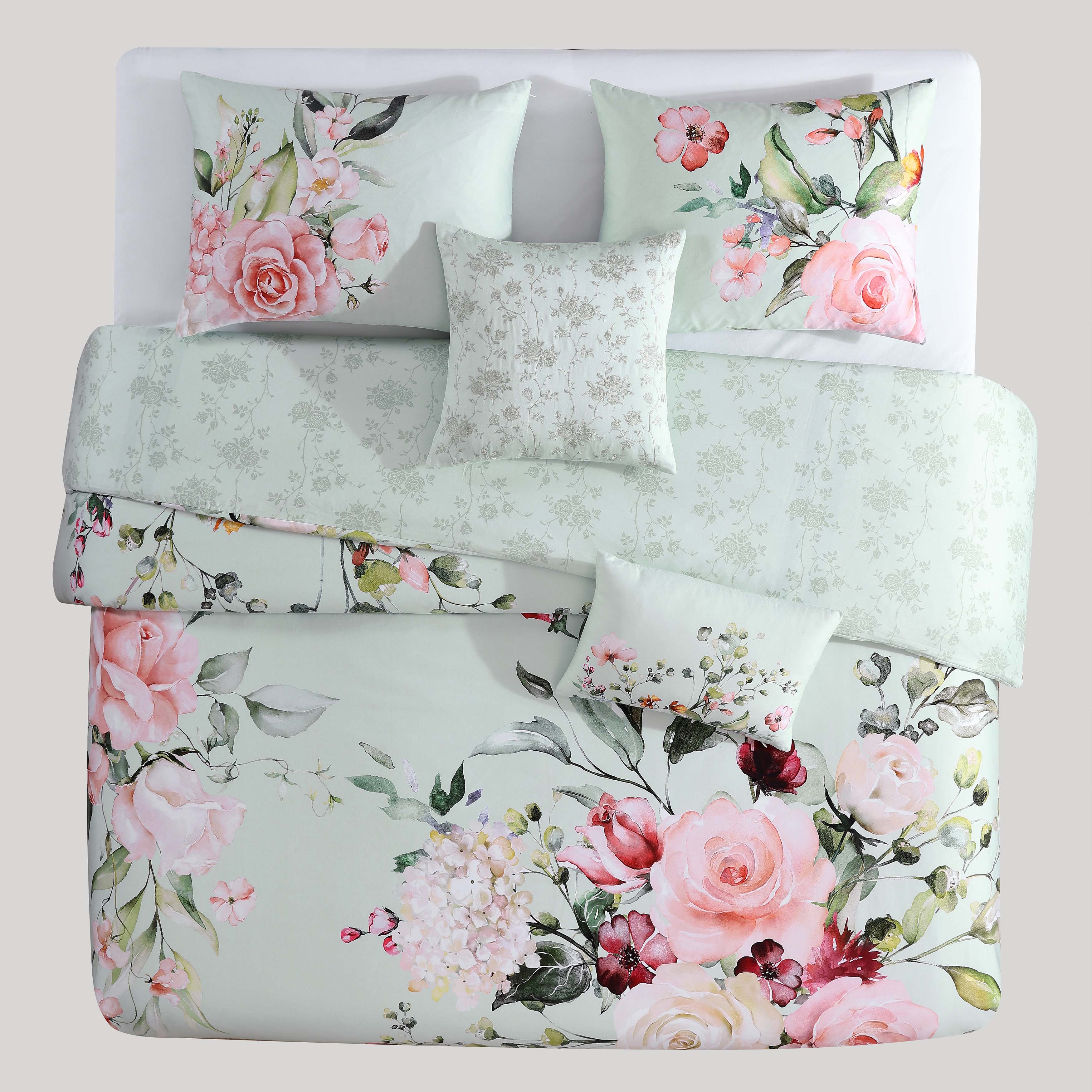 Bebejan Rose on Misty Green 100% Cotton 230 Thread Count 5-Piece Reversible Comforter Set Comforter Sets By Bebejan®