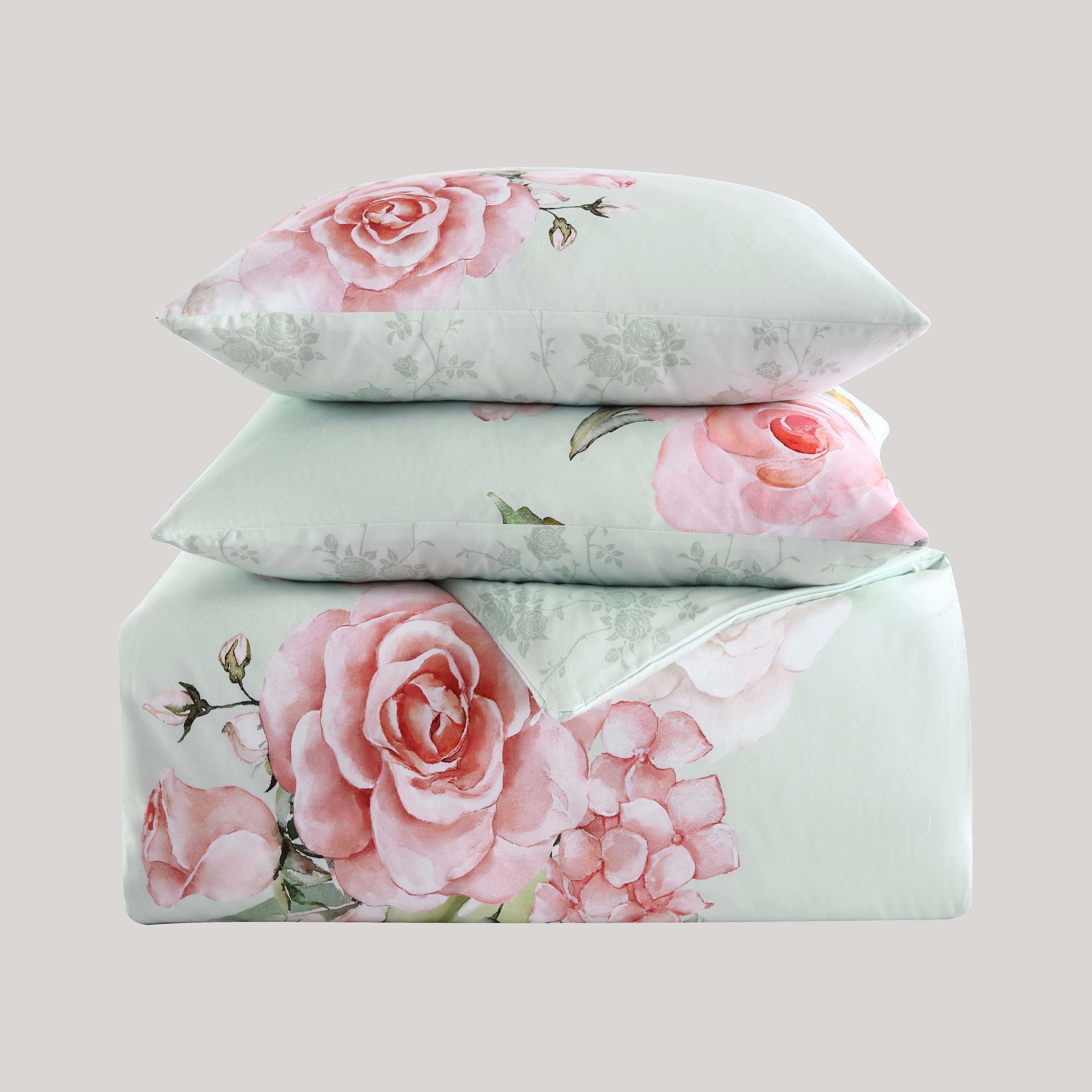 Bebejan Rose on Misty Green 100% Cotton 230 Thread Count 5-Piece Reversible Comforter Set Comforter Sets By Bebejan®