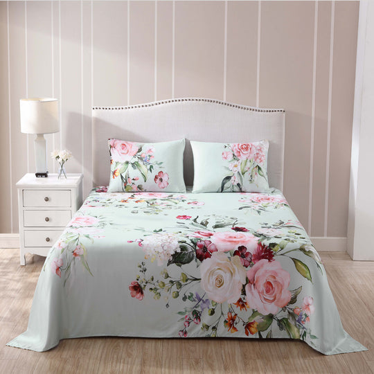 Rose on Misty Green 100% Cotton Sateen 3 Piece Bed Sheet Set